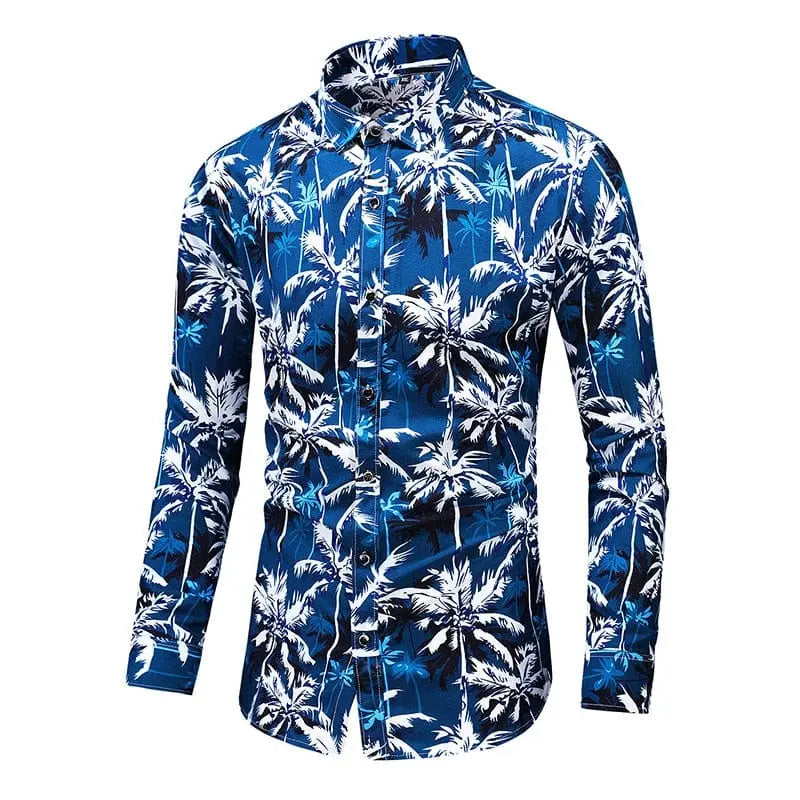Men's Hawaiian print long sleeve shirt in plus size featuring colorful floral and beach-inspired patterns from Showlu Fashion Store.