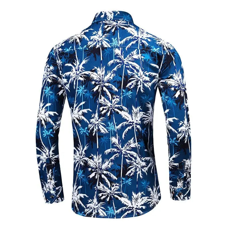 Lifenwenna men's Hawaiian print long sleeve shirt in plus size with colorful floral pattern, casual beach style, by Showlu Fashion.