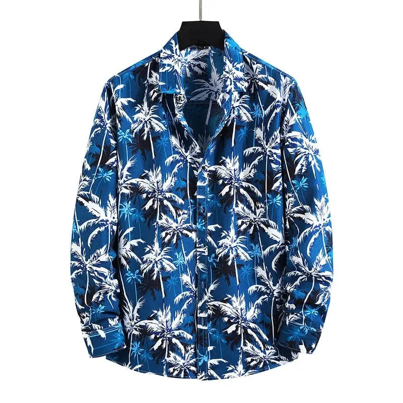 Plus size men's Hawaiian print long sleeve shirt by Showlu Fashion, featuring colorful floral and beach-inspired patterns.