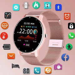 A rose gold LIGE smartwatch with a mesh band surrounded by various app icons.