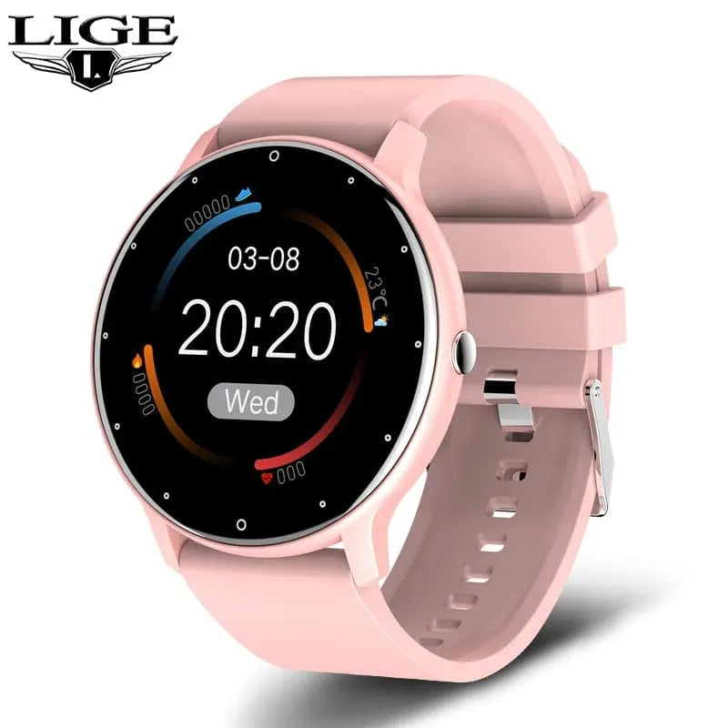 LIGE women's full-touch screen smart watch with fitness tracking, IP67 waterproof design, compatible with iOS and Android devices