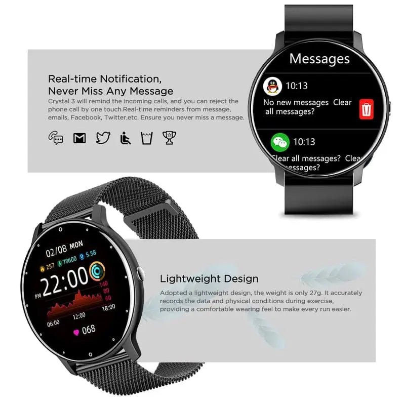 LIGE women's smart watch with full-touch screen, fitness tracker, waterproof IP67, compatible with iOS and Android devices.