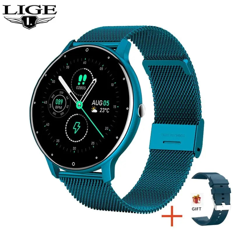LIGE women's smart watch with full touch screen, fitness tracker, IP67 waterproof design, compatible with iOS and Android devices.
