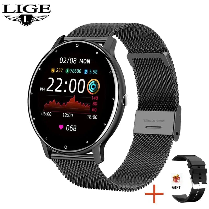 LIGE women's smart watch with full-touch screen, fitness tracker, and IP67 waterproof design for Android and iOS devices.