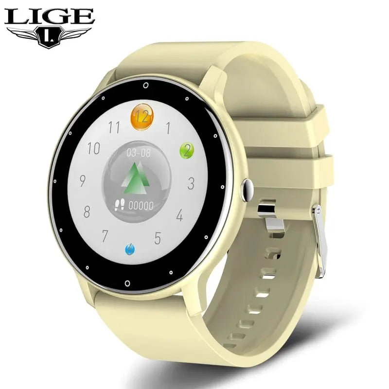 LIGE women's smart watch with full-touch screen, fitness tracker, IP67 waterproof design, compatible with iOS and Android.