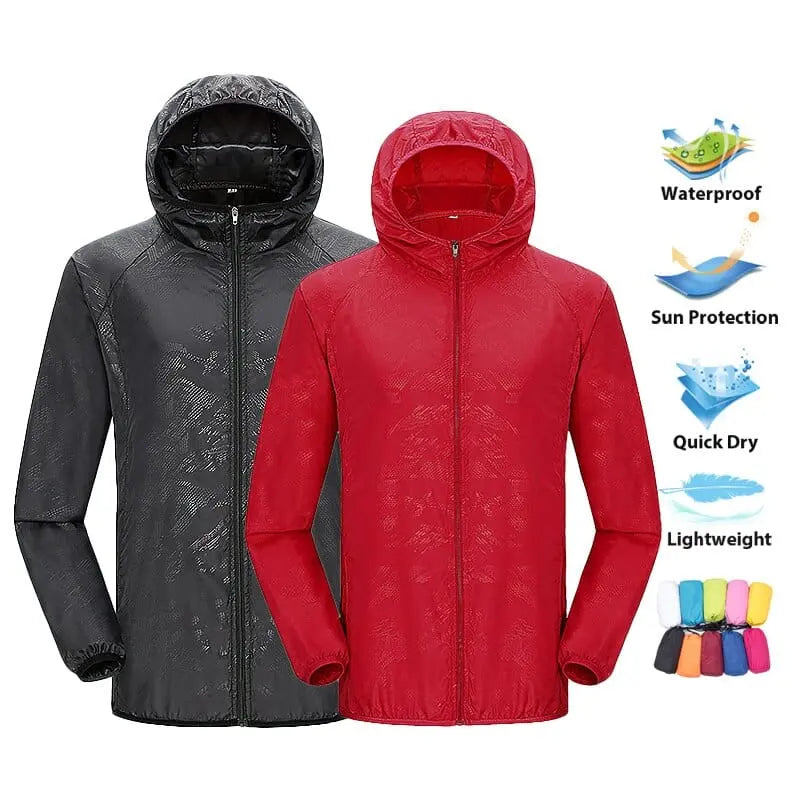 LNGXO waterproof unisex hiking jacket with quick-dry, UV protection, windbreaker design for outdoor camping and trekking activities.