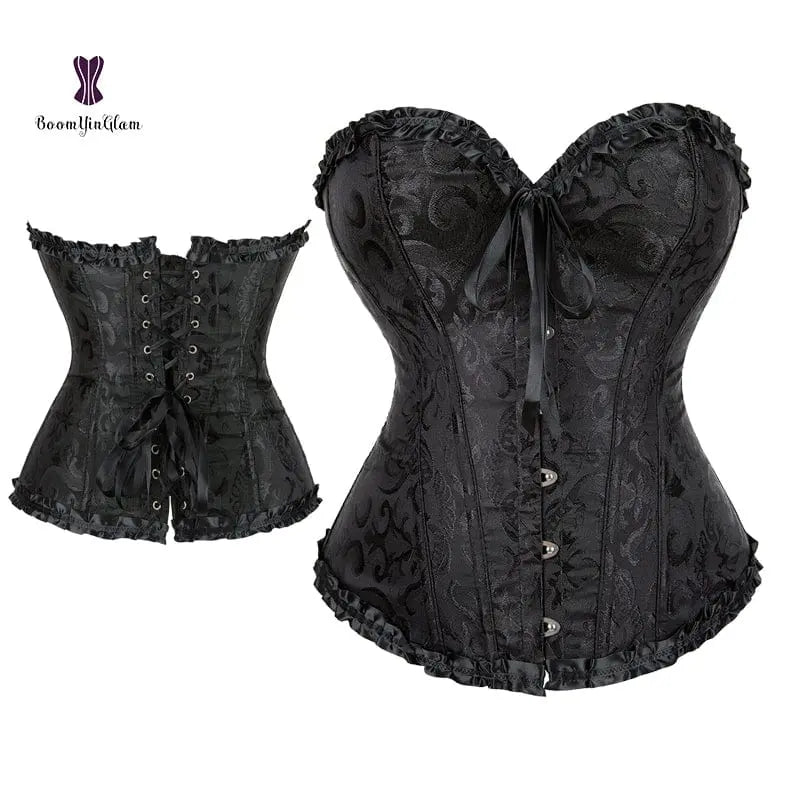 Showlu floral jacquard overbust corset with lace-up front, plastic boning, designed for waist slimming and body shaping.