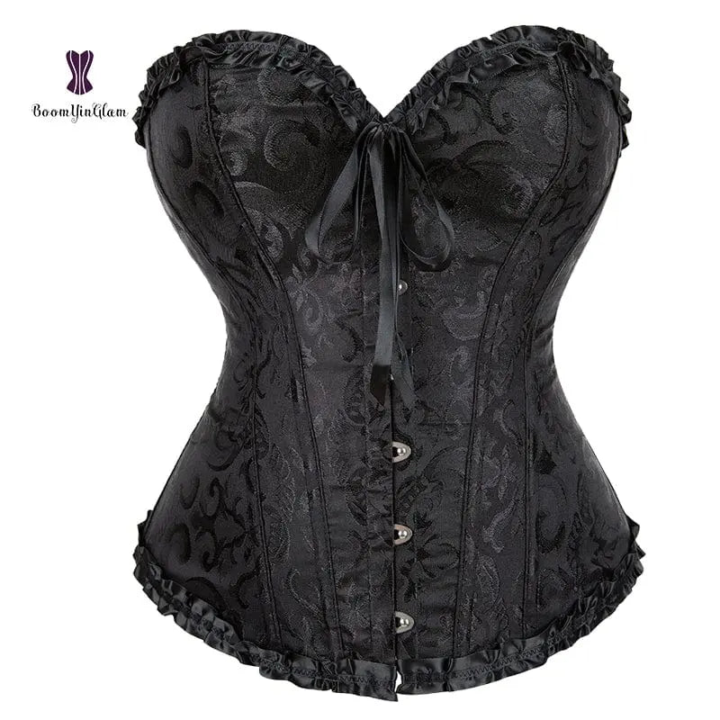 Showlu floral jacquard overbust corset with plastic boning, lace-up front, floral pattern, perfect for waist slimming and body shaping.
