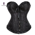 Showlu floral jacquard overbust corset with plastic boning, lace-up front, floral pattern, perfect for waist slimming and body shaping.