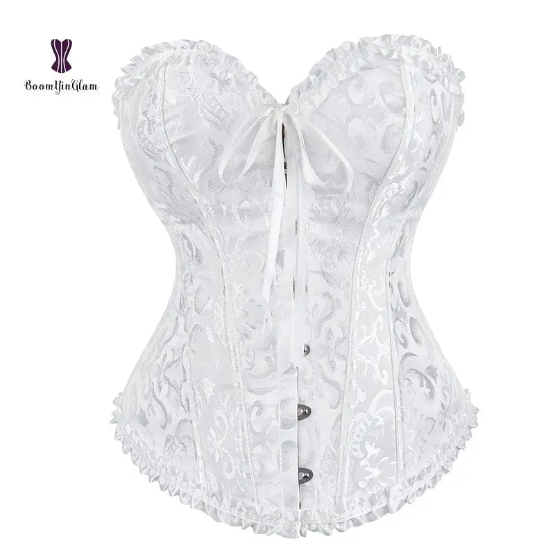 Showlu floral jacquard overbust corset with lace-up front, plastic boning, waist slimmer, plus size body shaper lingerie.