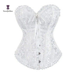 Showlu Fashion Store XL / White Lace Up Jacquard Floral Corset Lingerie Overbust Plastic Boned Bustier Sexy Outfit Waist Slimmer Plus Size body Shaping