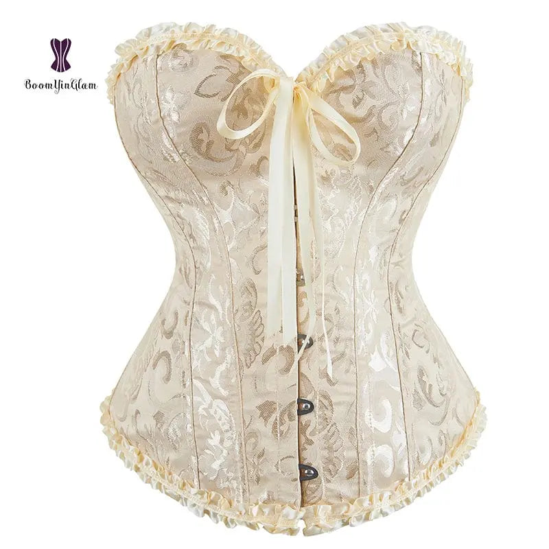 Showlu Floral Jacquard Overbust Corset with lace-up front, plastic boning, floral pattern, designed for waist slimming and body shaping.