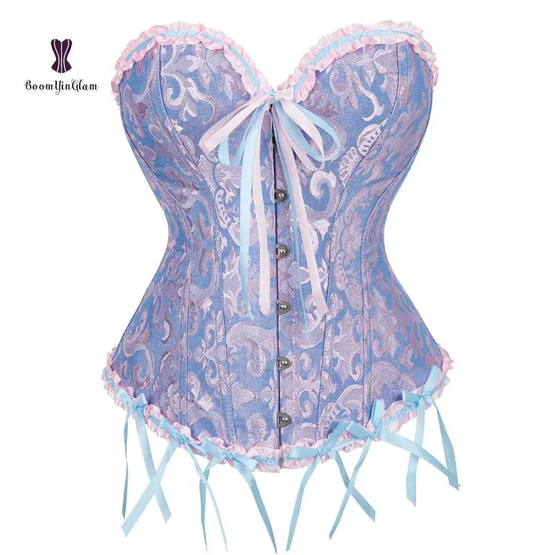 Showlu Floral Jacquard overbust corset with lace-up front, plastic boning, floral pattern, designed for waist slimming and body shaping.