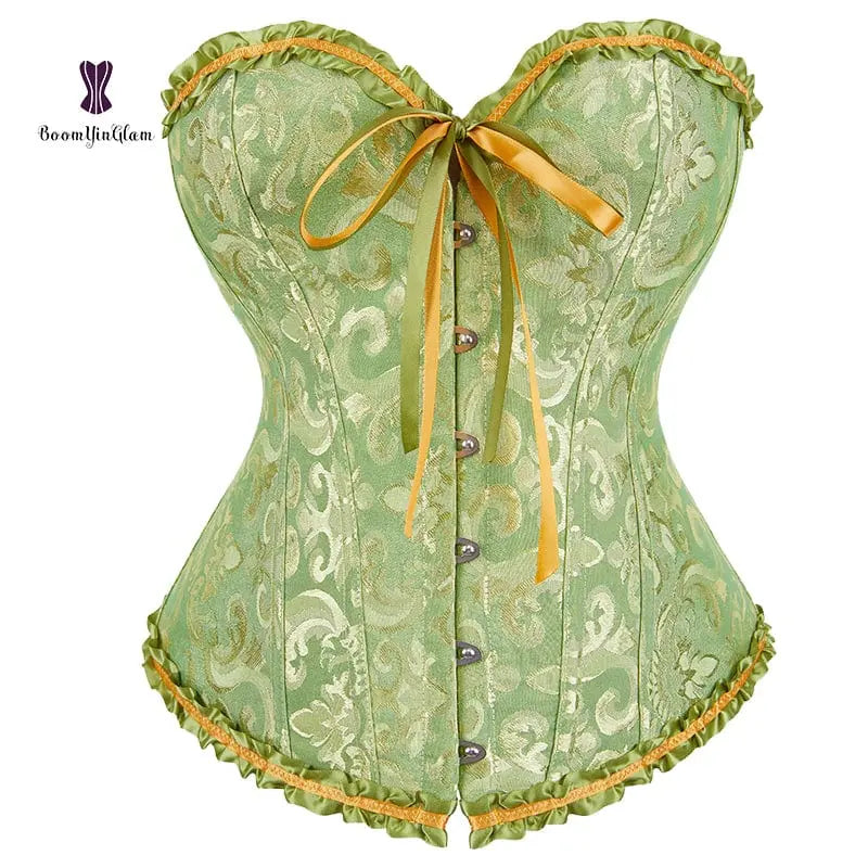 Showlu Floral Jacquard overbust corset with lace-up front, plastic boning, waist slimming, and floral pattern for body shaping.
