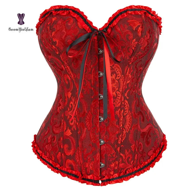 Showlu Floral Jacquard overbust corset with lace-up front, plastic boning, floral design, and waist slimming silhouette.