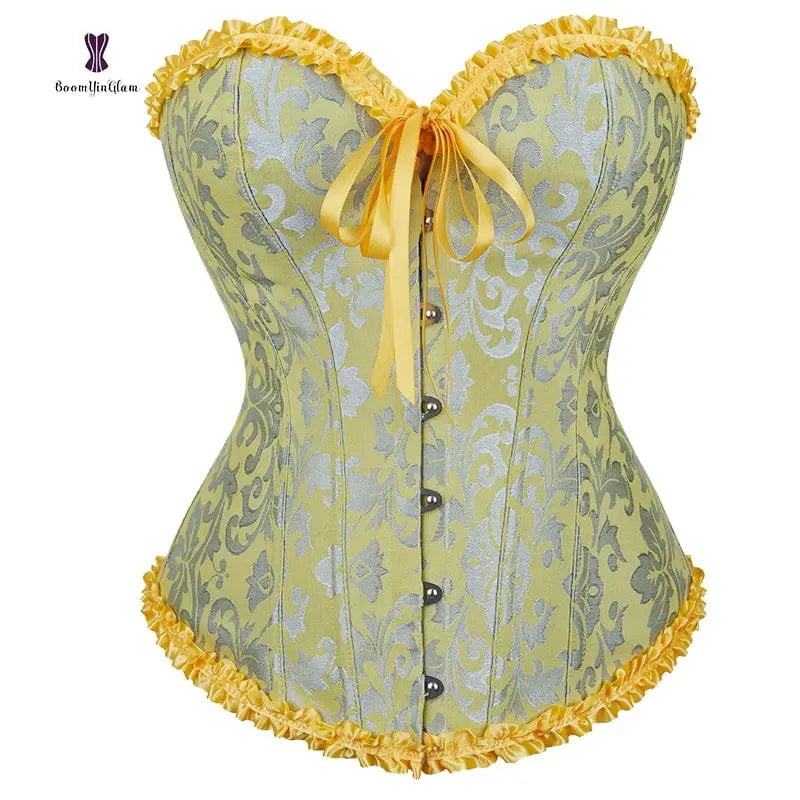 Showlu floral jacquard overbust corset with lace-up front, plastic boning, designed for waist slimming and body shaping.