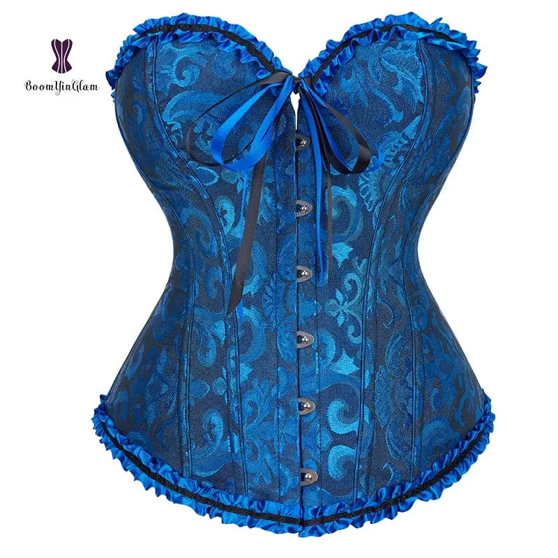 Showlu Floral Jacquard overbust corset with lace-up front, plastic boning, and floral design for waist slimming and body shaping.