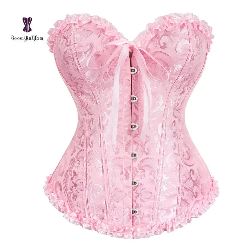 Showlu floral jacquard overbust corset with lace-up front, plastic boned waist slimmer, detailed floral design, plus size body shaper