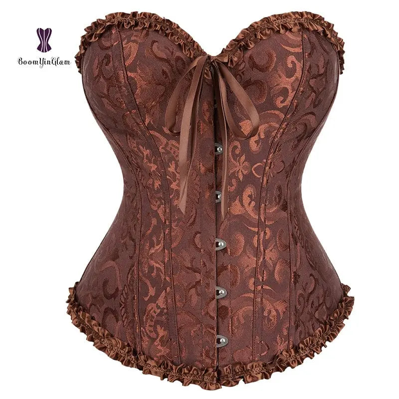 Showlu floral jacquard overbust corset with lace-up front, plastic boning, waist slimming design, suitable for plus size body shaping.