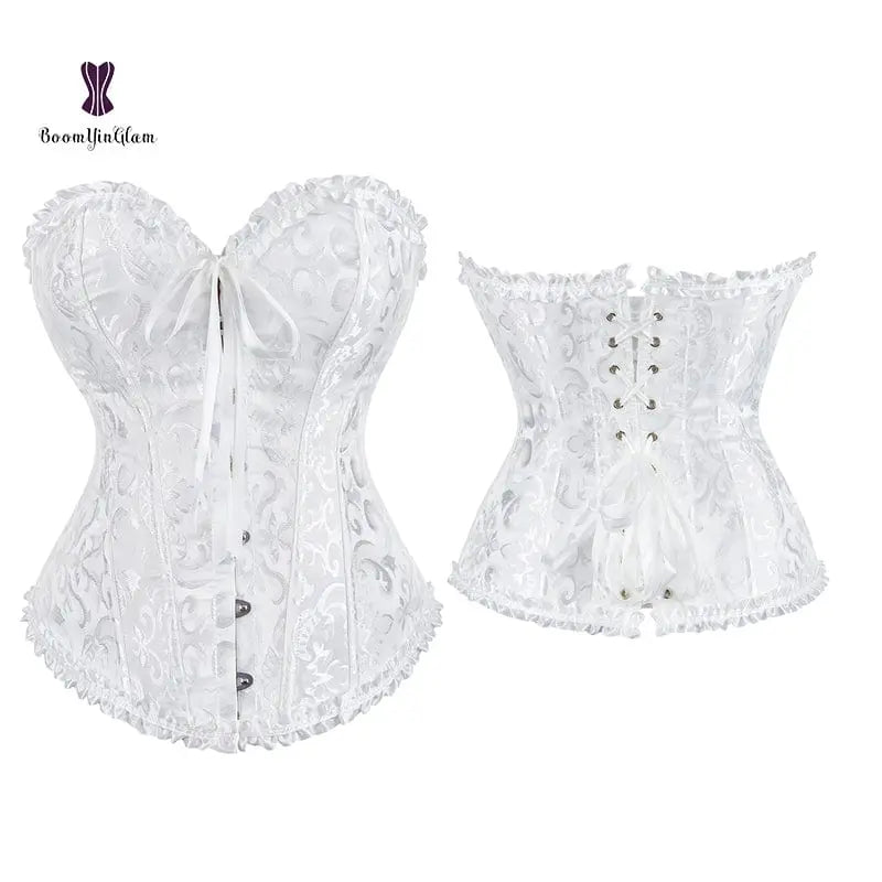 Showlu floral jacquard overbust corset with lace-up front, plastic boning, and waist slimming design for body shaping and lingerie.