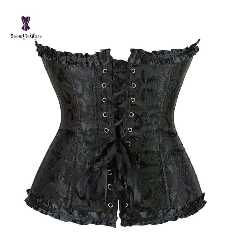 Showlu floral jacquard overbust corset with lace-up front, plastic boning, waist slimming fit, plus size body shaper lingerie.