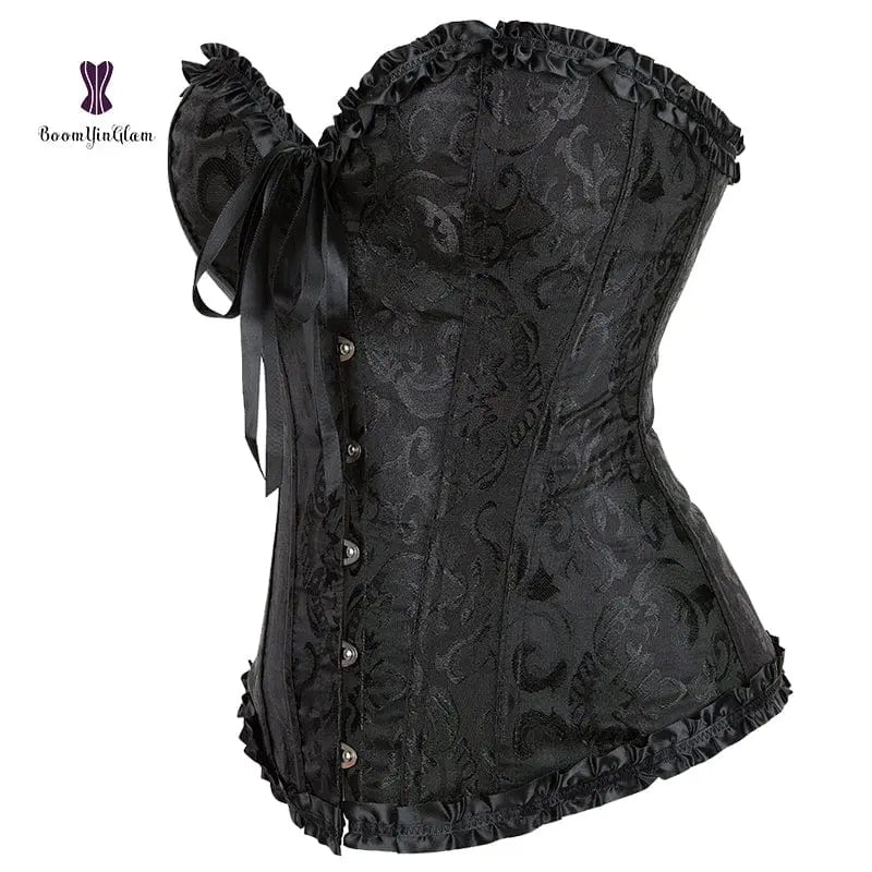 Showlu floral jacquard overbust corset with lace-up front, plastic boning, designed for waist slimming and body shaping.