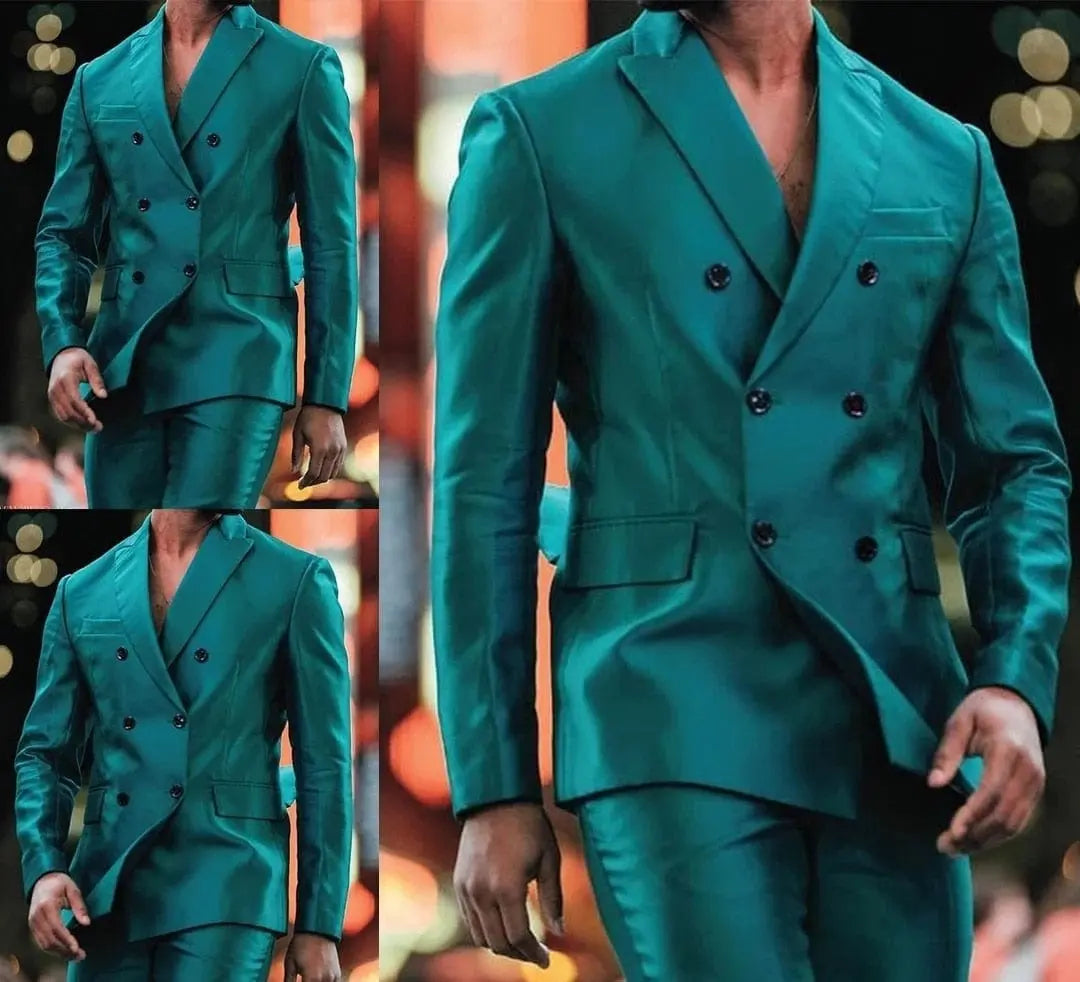 Showlu Fashion men's double-breasted shiny tuxedo suit with slim fit, peak lapel, ideal for wedding, prom, or formal events.