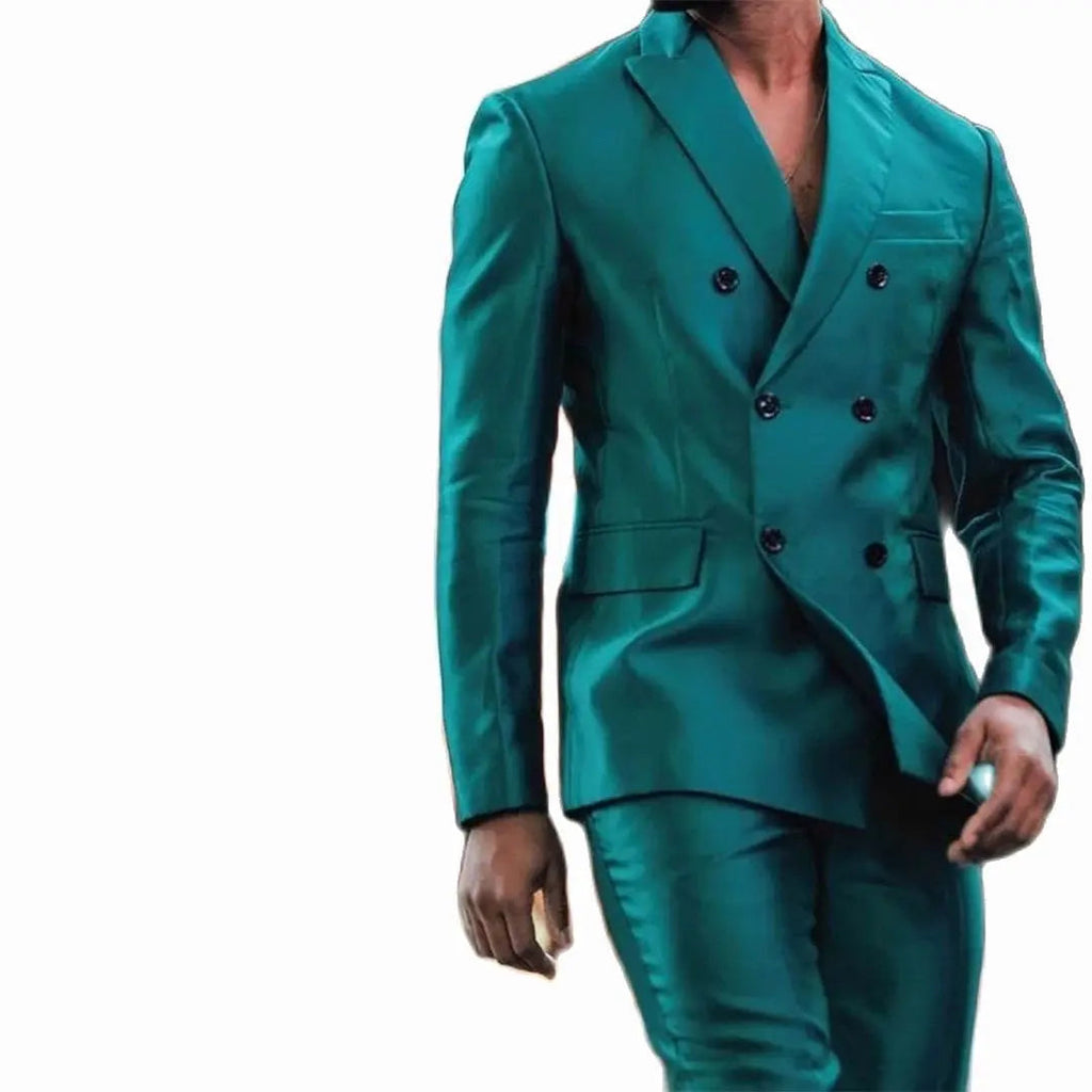 Showlu Fashion Men's shiny double-breasted tuxedo suit with peak lapels, slim fit design for weddings, proms, and formal events.