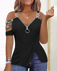 Showlu Fashion Store 0 H / S Leisure Summer New Product Women&#39;s Shirt 2023 Leopard Pattern Zipper Details Split Bottom Cold Shoulder Versatile Vintage Top