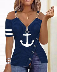 Showlu Fashion Store 0 B / S Leisure Summer New Product Women&#39;s Shirt 2023 Leopard Pattern Zipper Details Split Bottom Cold Shoulder Versatile Vintage Top