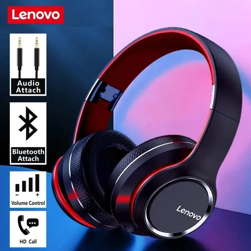 Lenovo HD200 wireless Bluetooth over-ear headphones with noise-canceling and stereo sound, shown folded for easy storage.