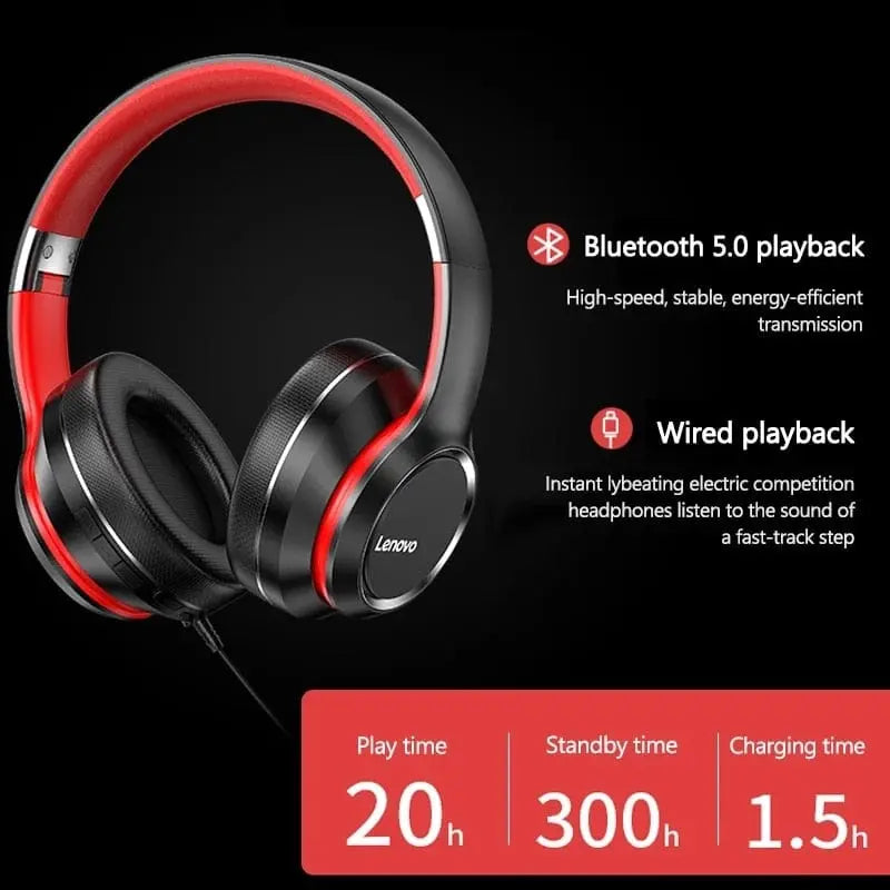 Lenovo HD200 wireless Bluetooth over-ear headphones with noise cancelling and stereo sound, foldable design for comfortable listening