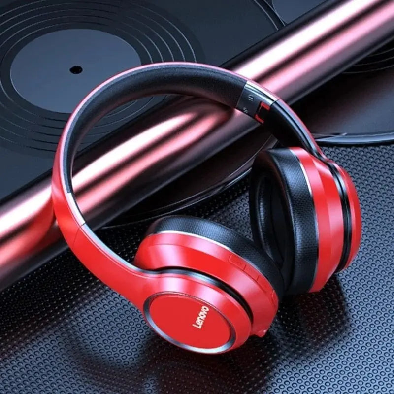 Lenovo HD200 wireless Bluetooth over-ear headphones with noise cancelling and stereo sound, foldable design for comfortable gaming and music.