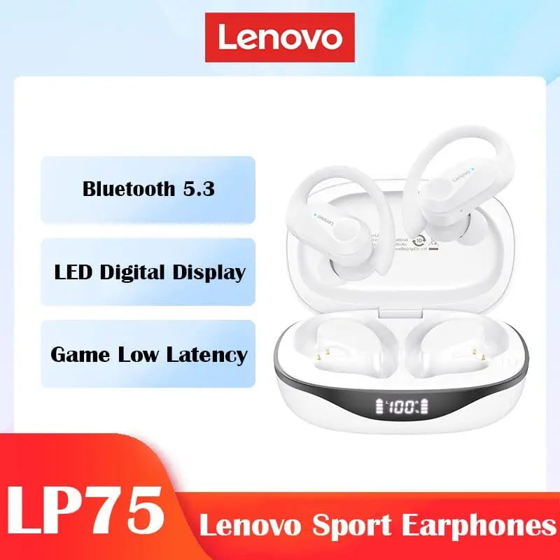 Lenovo LP75 Bluetooth 5.3 sport headphones with LED display, HiFi stereo sound, noise reduction, wireless gaming earbuds