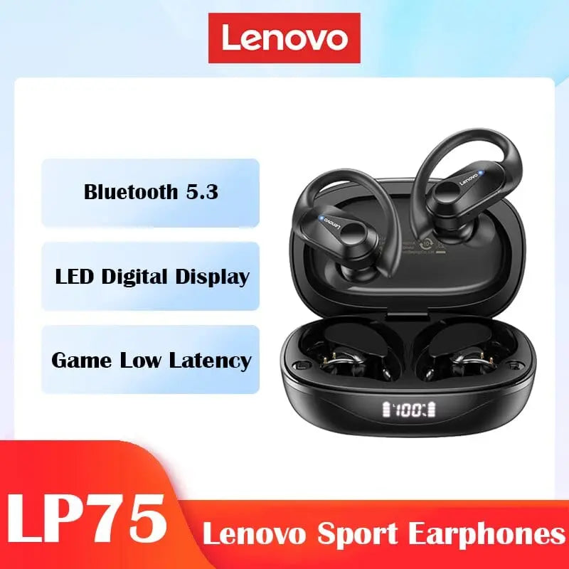 Lenovo LP75 Bluetooth 5.3 sport headphones with LED display, HiFi stereo sound, noise reduction, wireless gaming earbuds.