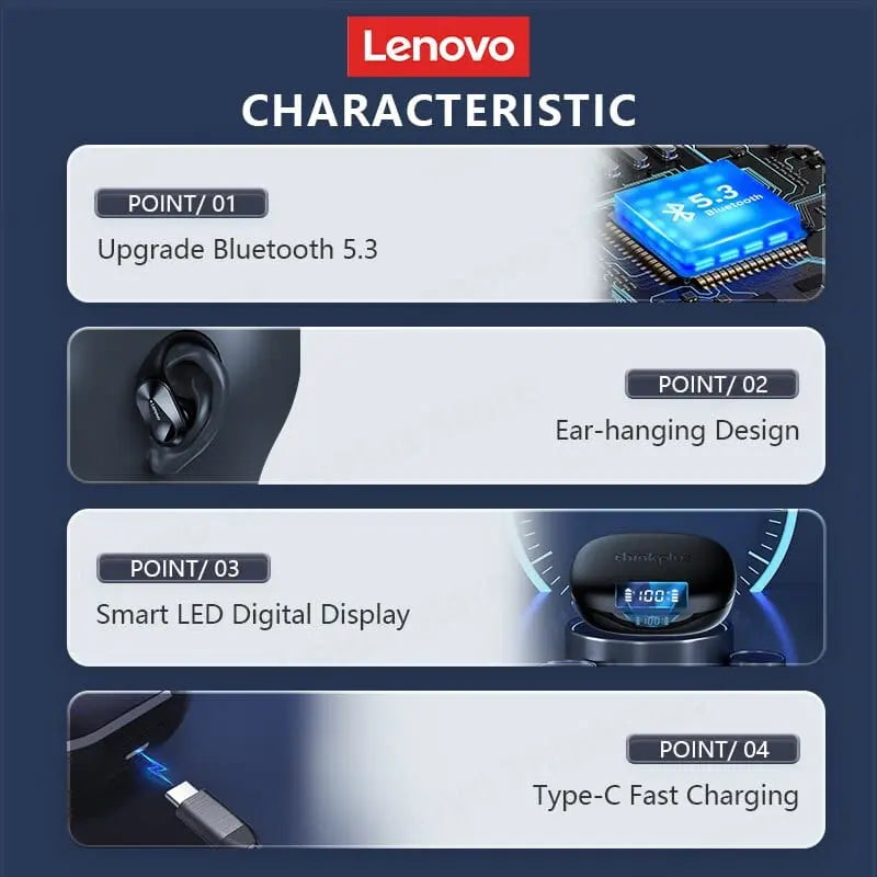 Lenovo LP75 Bluetooth 5.3 sport headphones with LED display, HiFi stereo sound, noise reduction, wireless gaming earbuds.