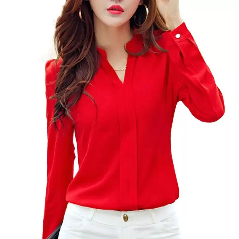 Showlu Fashion RibbonFish women's slim V-neck chiffon blouse, long-sleeve elegant office shirt in white and red for autumn.