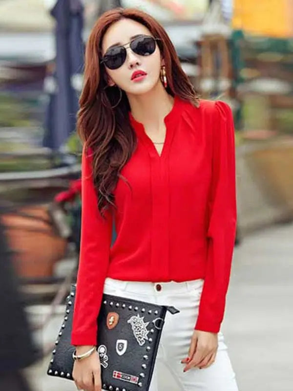 Long Sleeve Shirt Women Autumn Clothing Fashion Slim Chiffon Blouse V Neck Korean Elegant Ladies Office Shirts White Red DF2324 - SHOWLU FASHION STORE