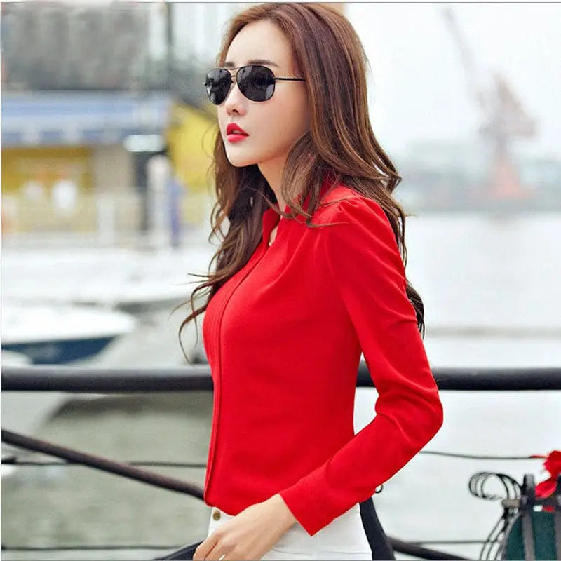 Showlu Fashion Store women's slim V-neck chiffon blouse with long sleeves, elegant office shirt in white and red.