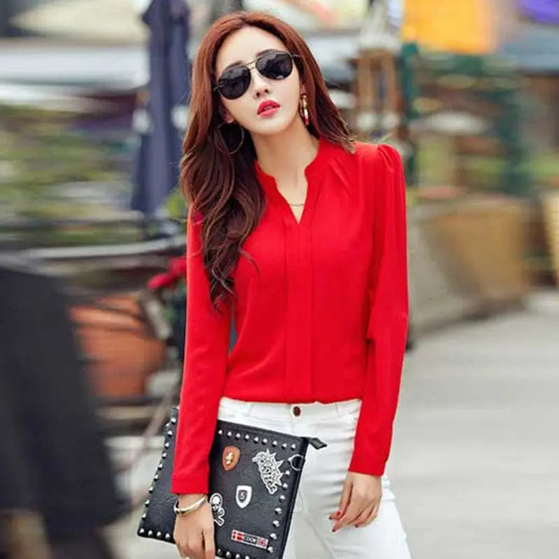 Showlu Fashion RibbonFish women's slim V-neck chiffon blouse, long-sleeve elegant office shirt in white and red fabrics.