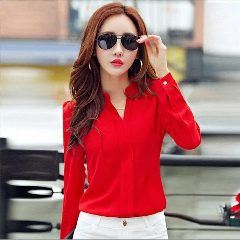 Showlu Fashion RibbonFish women's slim V-neck chiffon blouse with long sleeves, elegant office shirt in white and red.