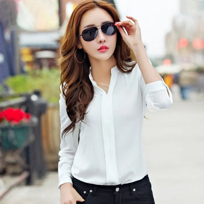 Showlu Fashion RibbonFish women's slim V-neck chiffon blouse with long sleeves, elegant office shirt in white and red.
