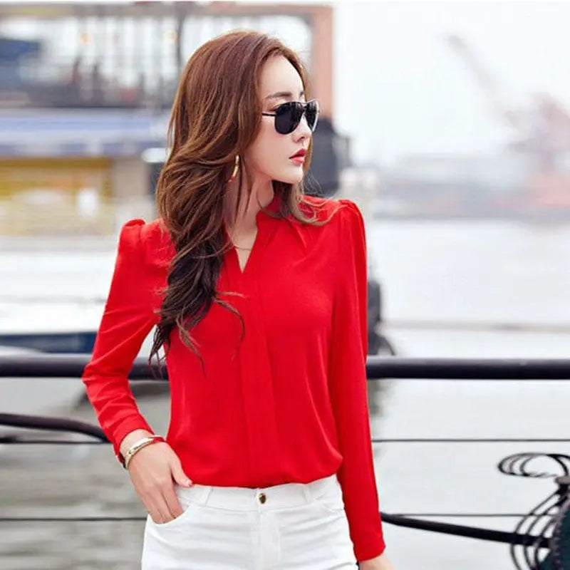 Showlu Fashion Women's slim V-neck chiffon blouse, long-sleeve office shirt in white and red, elegant autumn fashion for women.