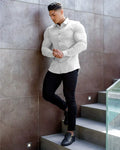 Showlu men's slim fit long sleeve workout shirt with solid square collar, muscle-free and opaque fabric, ideal for active fitness wear.