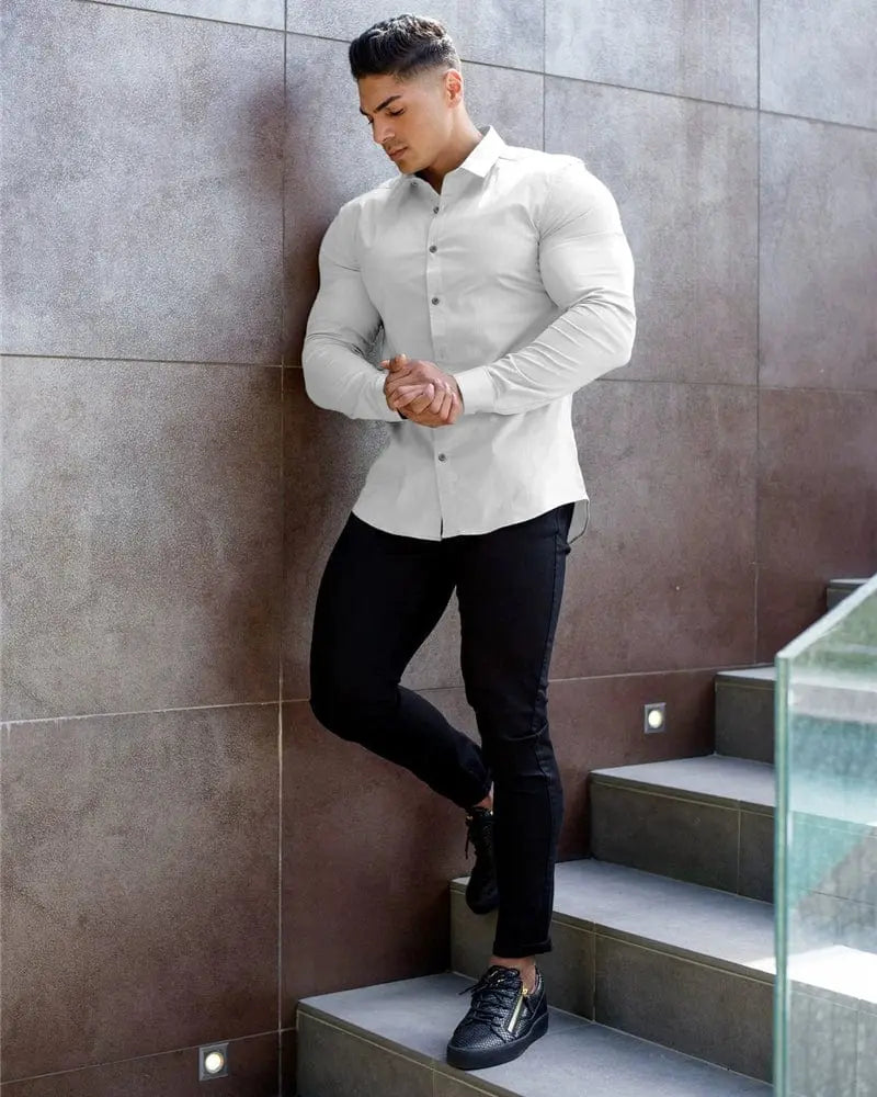Showlu men's slim fit long sleeve workout shirt with solid square collar, muscle-free and opaque fabric, ideal for active fitness wear.