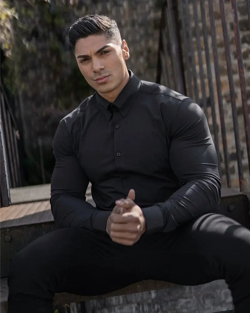 Showlu men's slim fit long sleeve workout shirt with solid square collar, muscle-free and opaque fabric for active fitness wear.