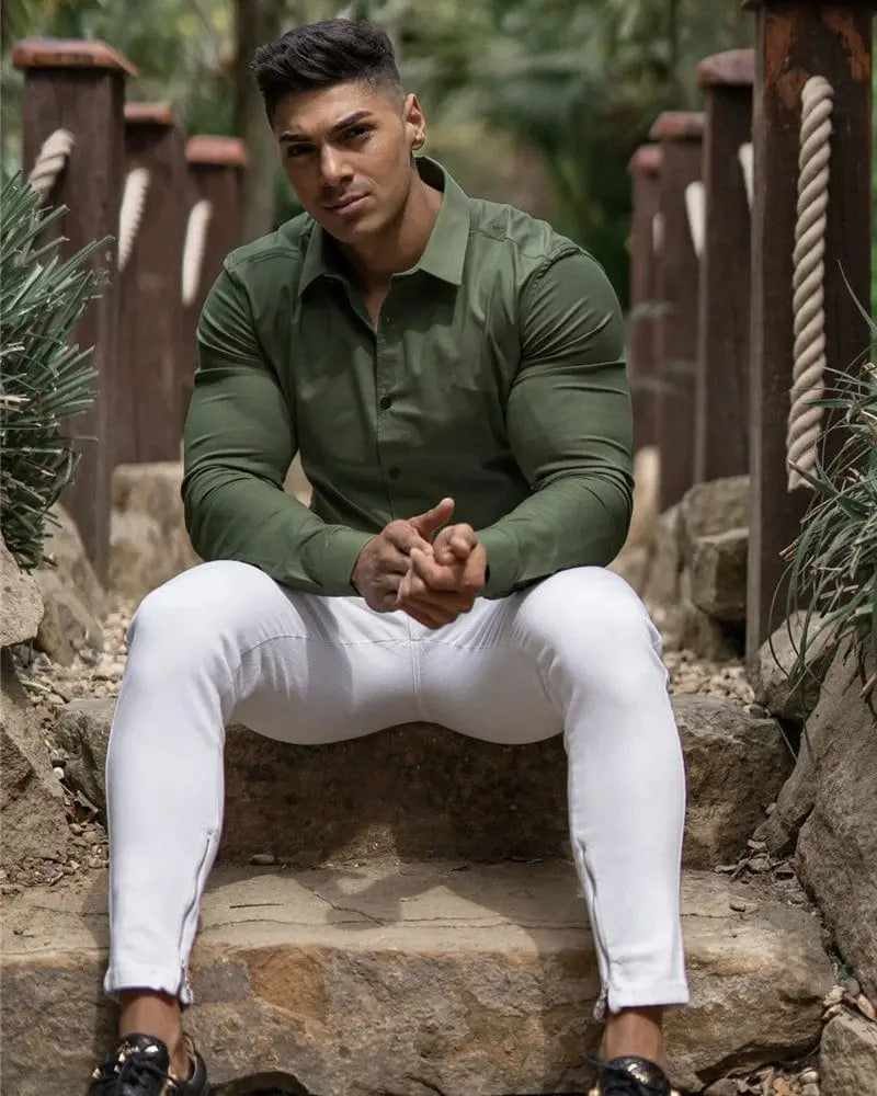Showlu men's slim fit long sleeve workout shirt with solid square collar, muscle-free and opaque fabric, designed for active wear.