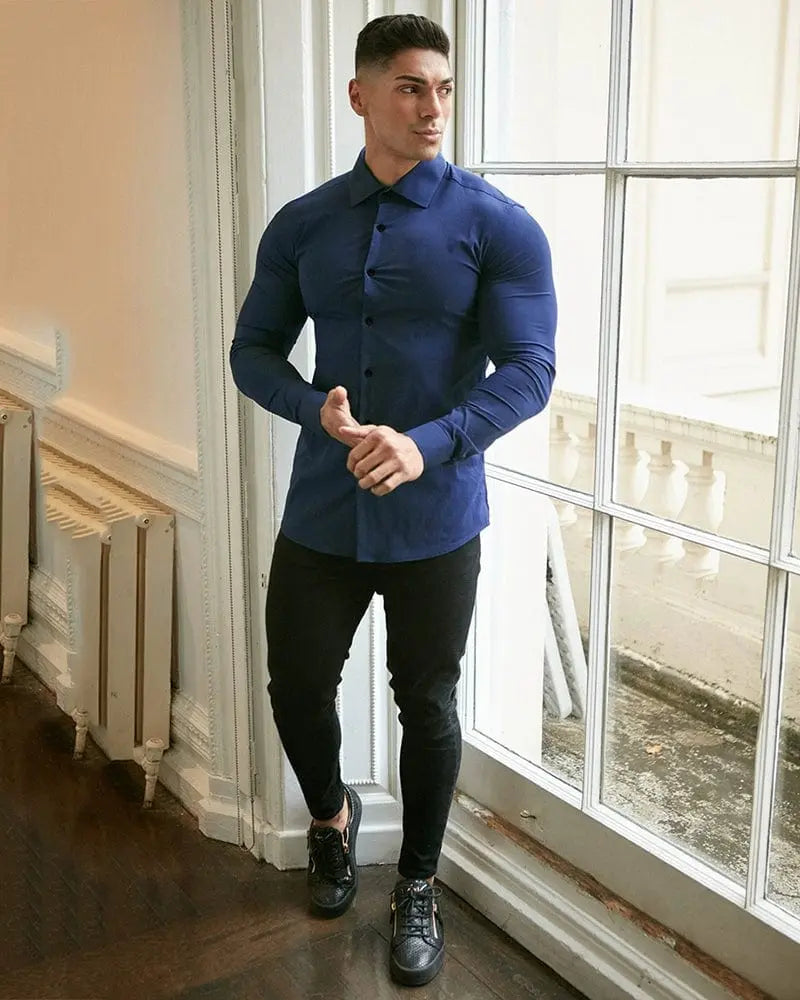 Showlu men's slim fit long sleeve workout shirt with solid square collar, muscle-free and opaque fabric, ideal for active wear.