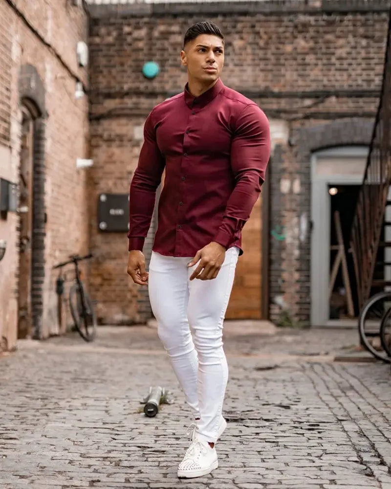 Showlu men's slim fit long sleeve workout shirt with solid square collar, opaque and muscle-free fit, designed for active wear.