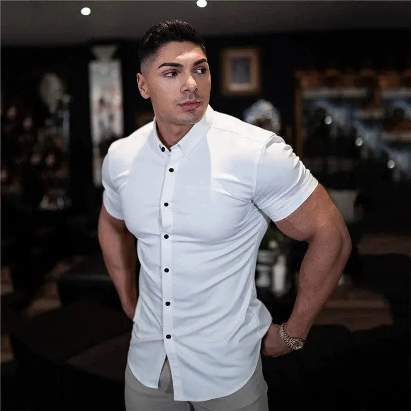 Showlu men's slim fit long sleeve workout shirt with solid square collar, muscle-free and opaque fabric, ideal for active wear.